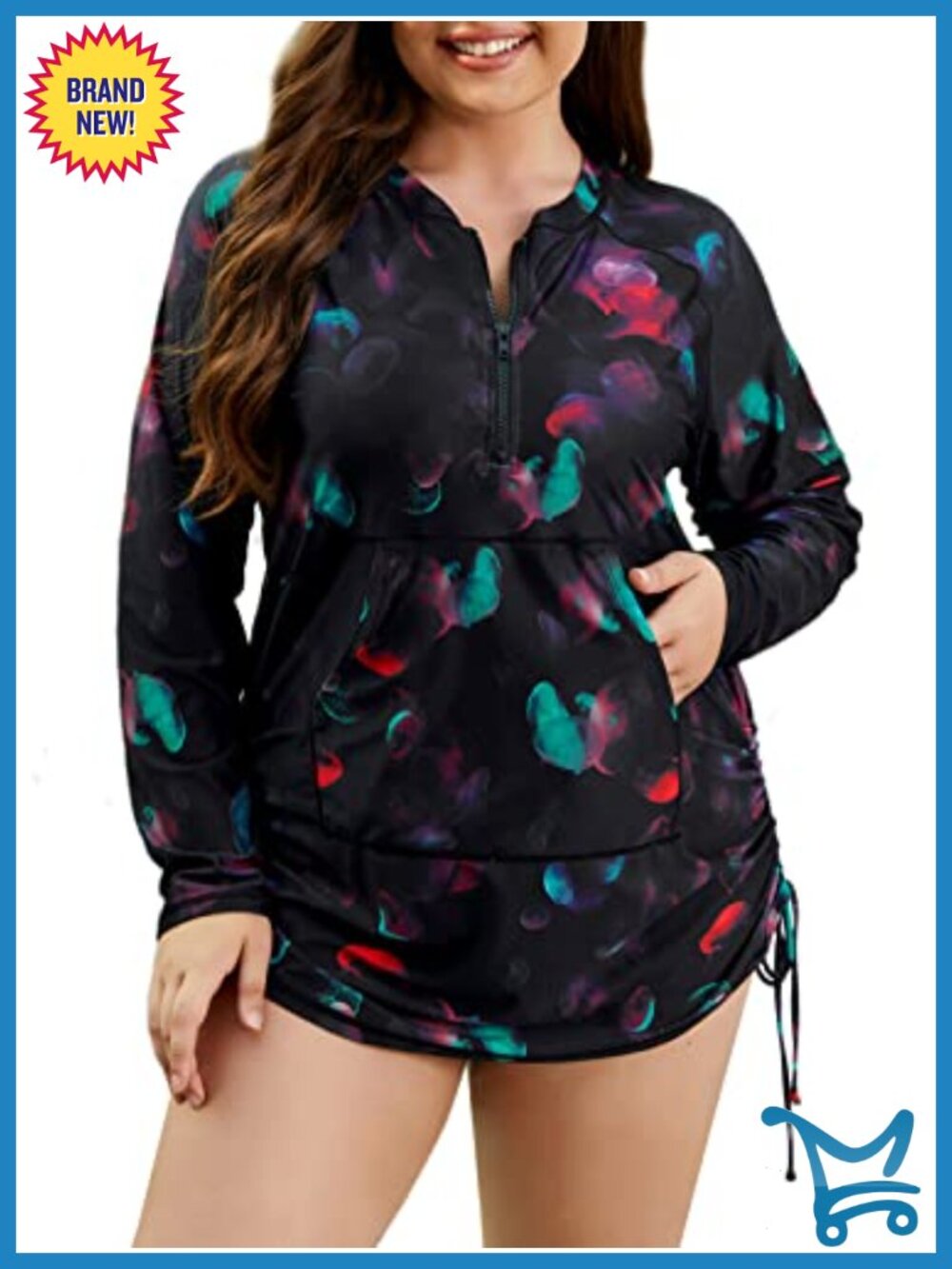 Plus Size Long Sleeve Rash Guard Swim Shirt Half Zip UPF50+ Loose Fit